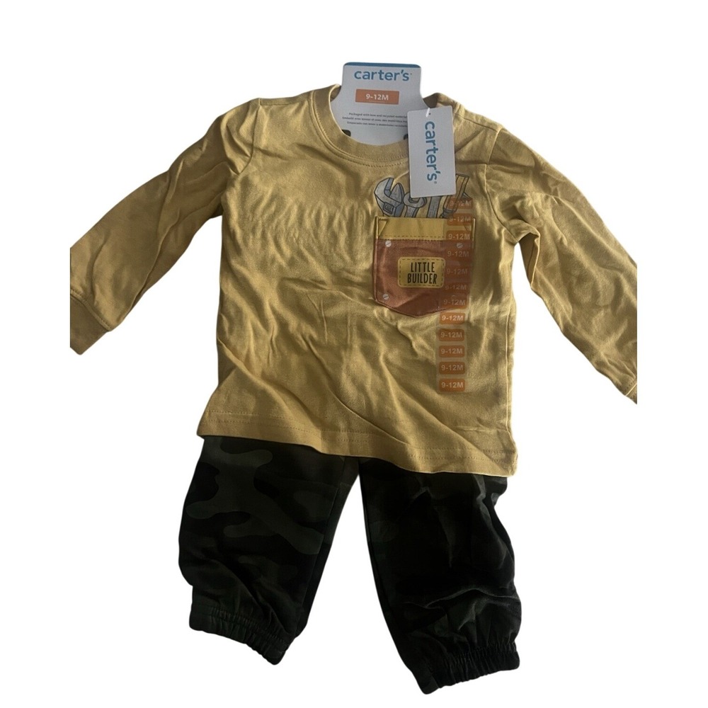 Carters Little Builder 2pc Set Yellow Long Sleeve Tee Camo Jogger Baby Boy 9-12M